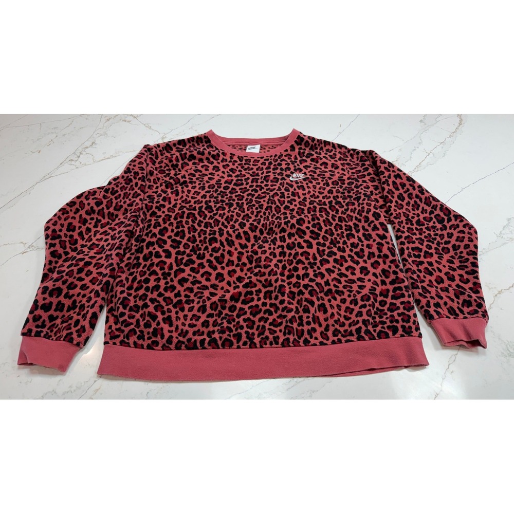 Nike Women's Fleece Crewneck Sweatshirt Pink Black Leopard Print Size L